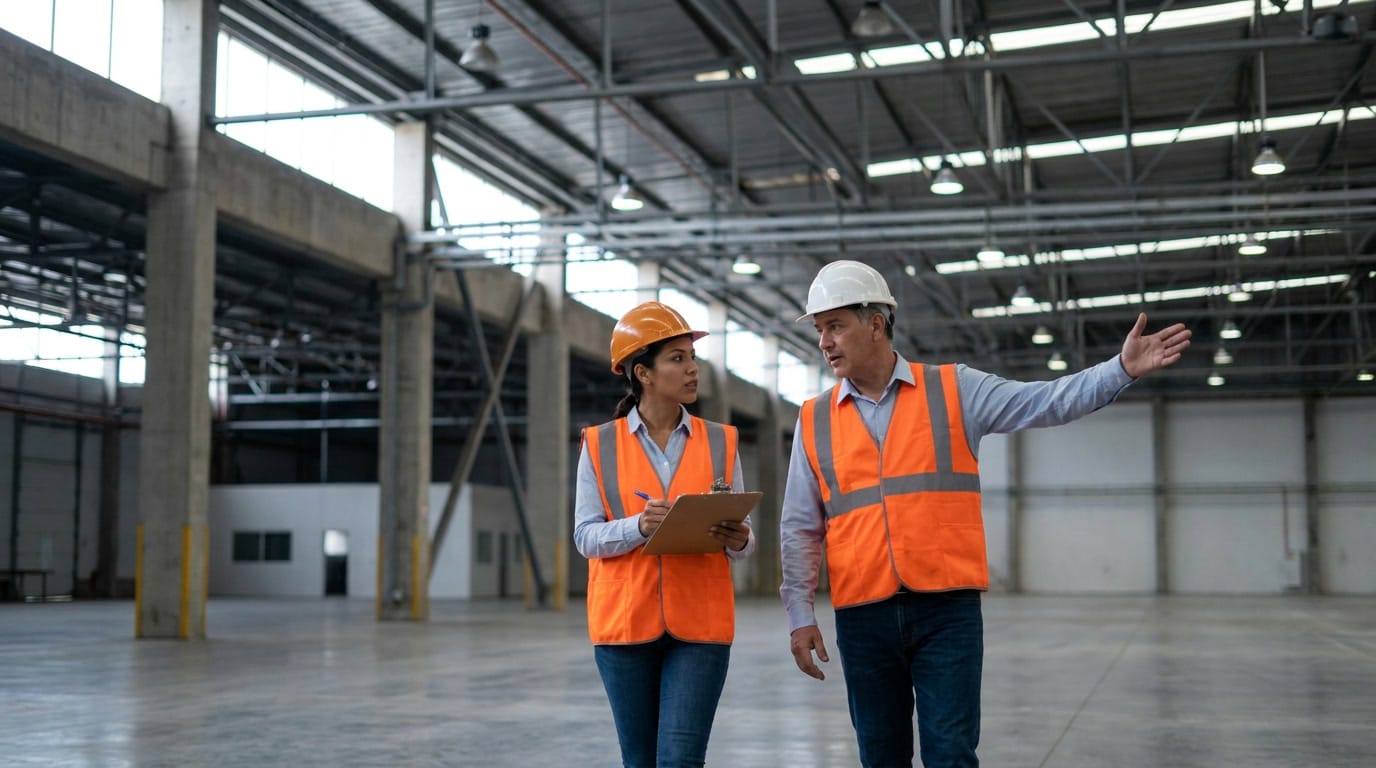 Plant manager and logistics coordinator walking through an empty Class A industrial bay during a facility inspection in Mexico.