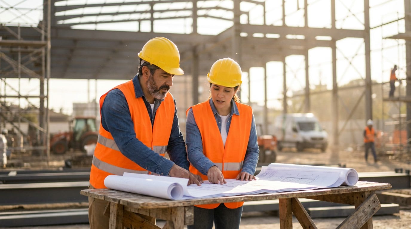 Construction engineer and project manager reviewing architectural drawings at a build-to-suit manufacturing facility site in Mexico.