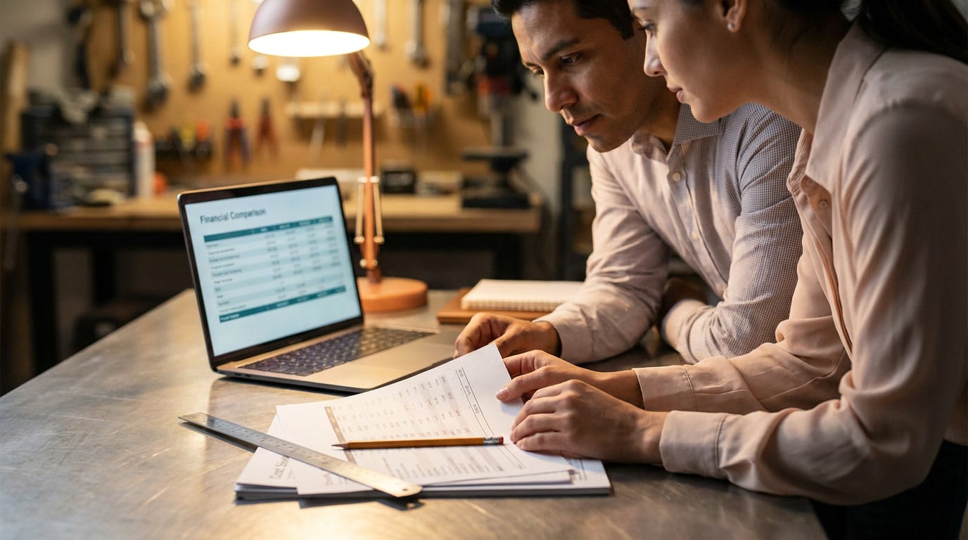 Finance analyst and operations director reviewing cost comparison documents for rent versus build-to-suit manufacturing facilities in Mexico.