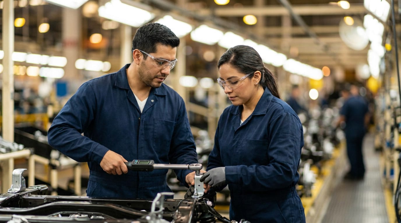 Automotive assembly workers performing precision component installation on a vehicle chassis in a Bajío manufacturing plant in Mexico.