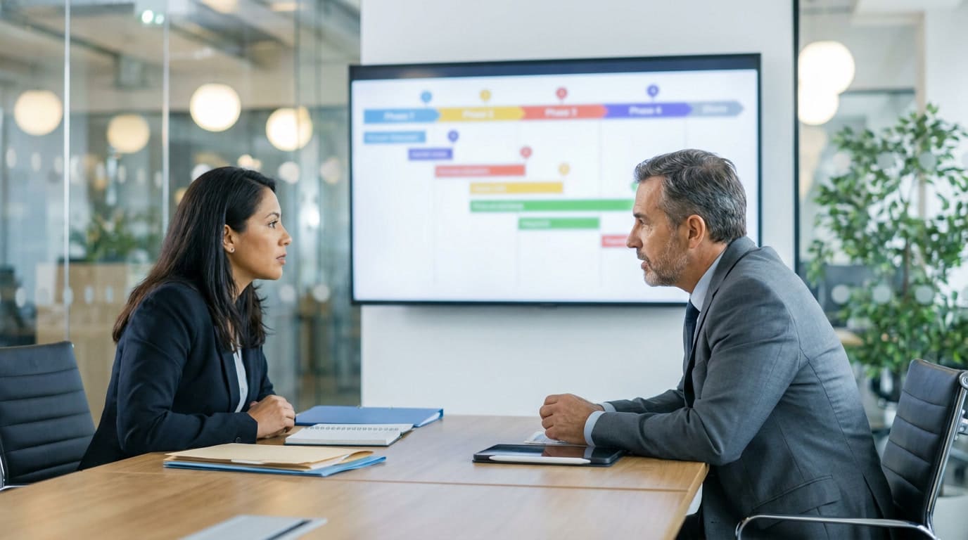 Shelter program coordinator and plant director reviewing a project timeline in a meeting room, representing the facilitated entry process for manufacturers in Mexico.