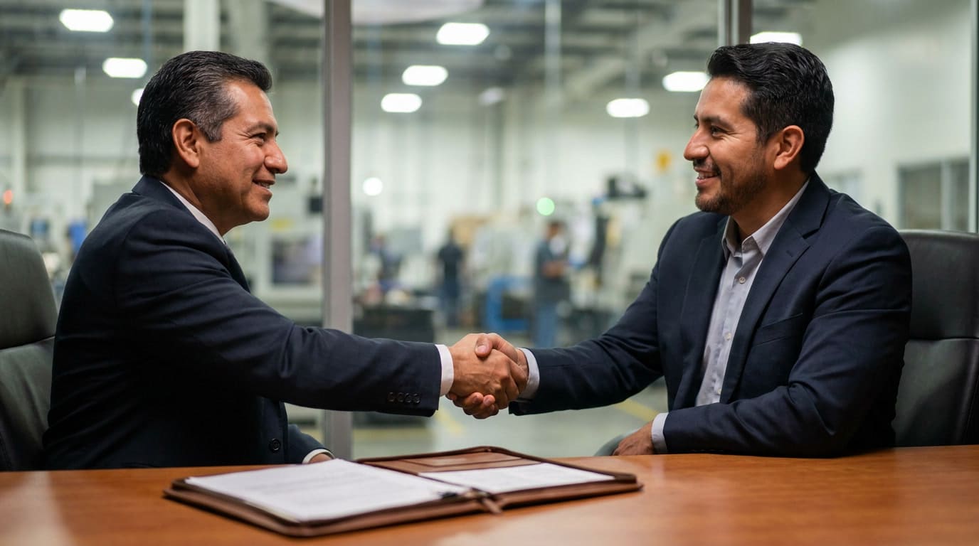 Manufacturing executive and partner shaking hands after committing to an industrial real estate strategy in Mexico.