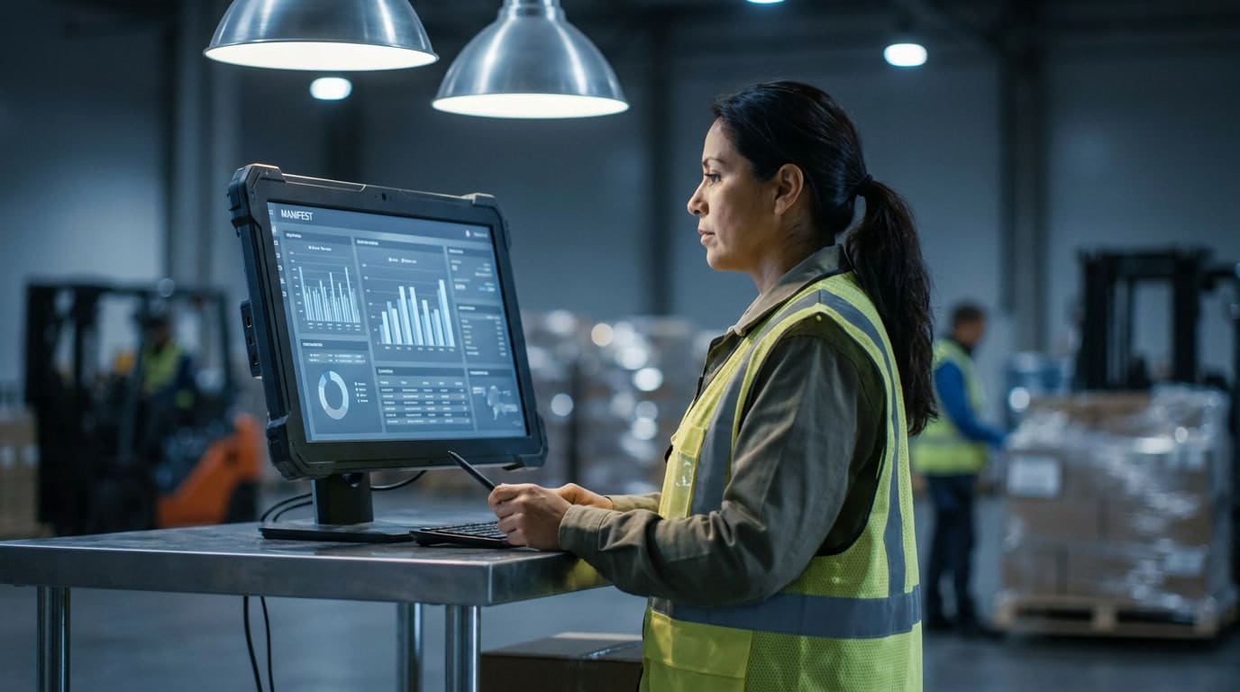 Latin American logistics coordinator reviewing cross-border freight manifest at an industrial workstation.