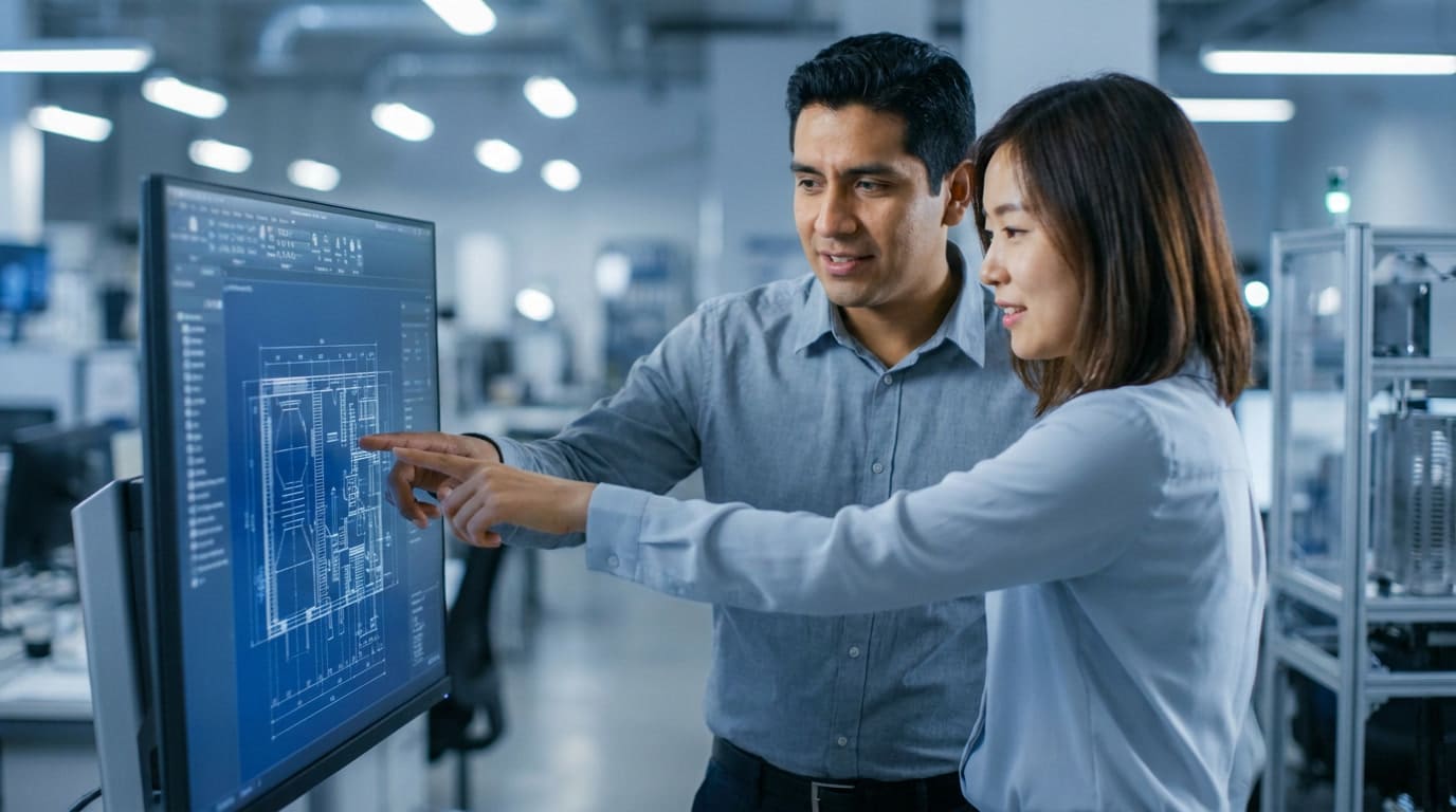 Latin American and East Asian engineers collaborating over a CAD schematic, representing North American manufacturing block integration.