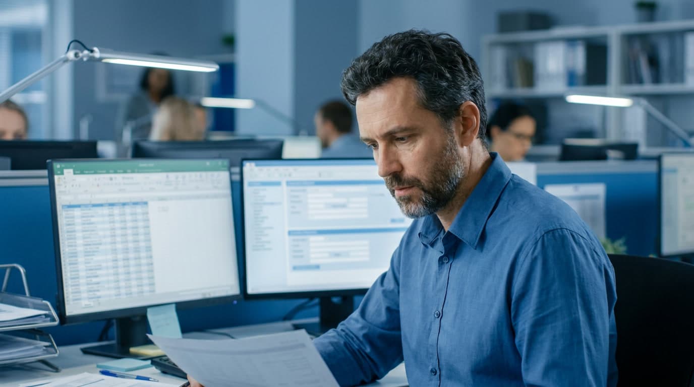 Latin American customs broker processing freight documentation at a border crossing workstation.