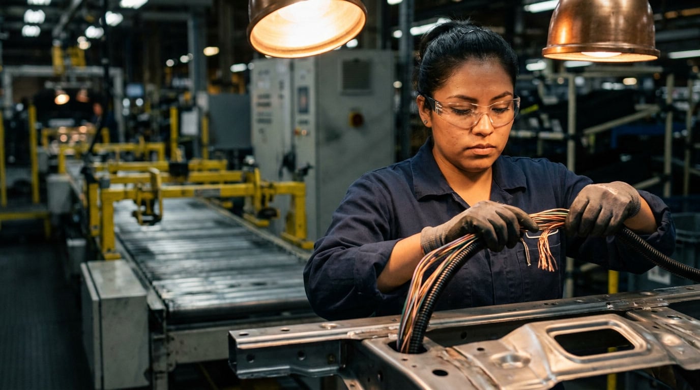 Latin American assembly technician installing a wiring harness into an automotive subframe on a Mexican production line.