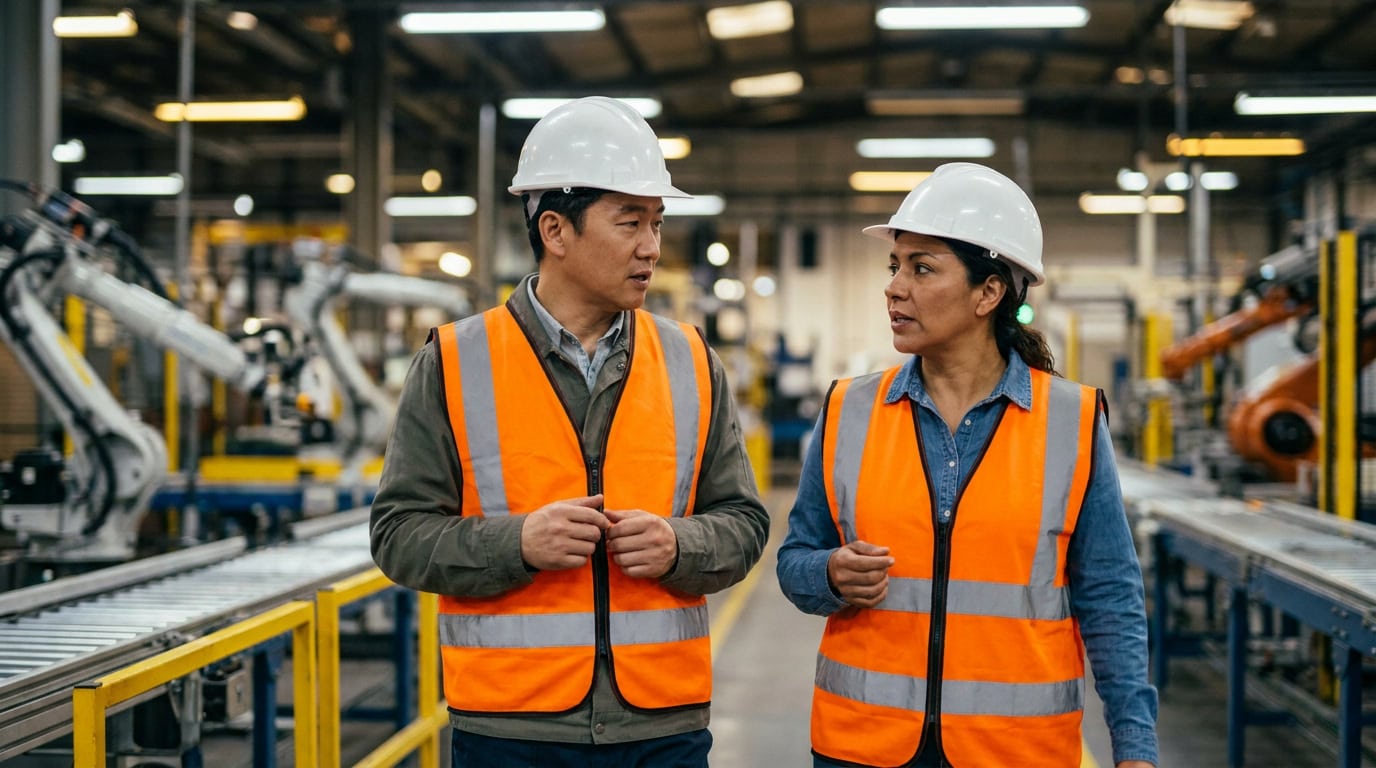 East Asian and Latin American manufacturing managers walking an active production floor, representing Chinese companies operating in Mexico.