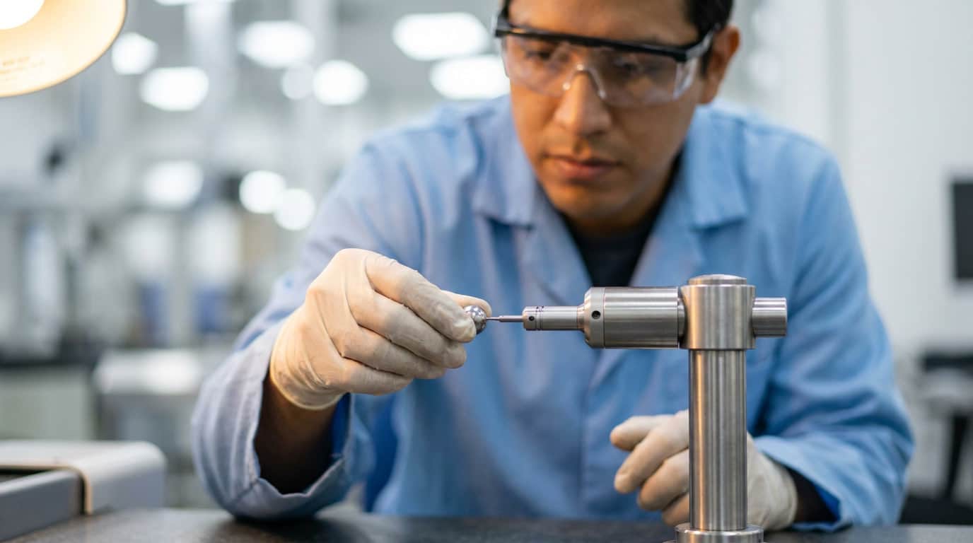 Latin American industrial engineer calibrating precision measurement equipment at a manufacturing workbench.