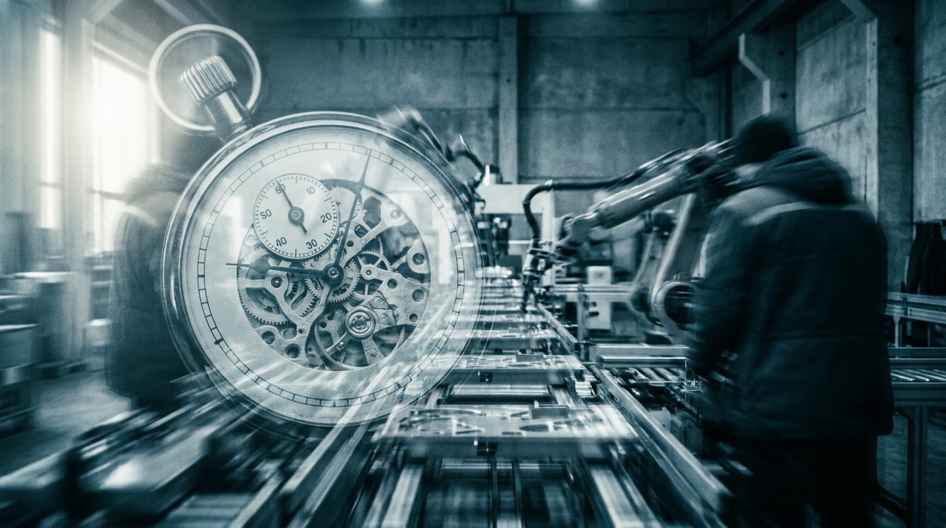 shelter-model-mexico-key-advantages-manufacturers-1 A stopwatch double-exposed over a moving production line, representing the time pressure of reaching production in Mexico.