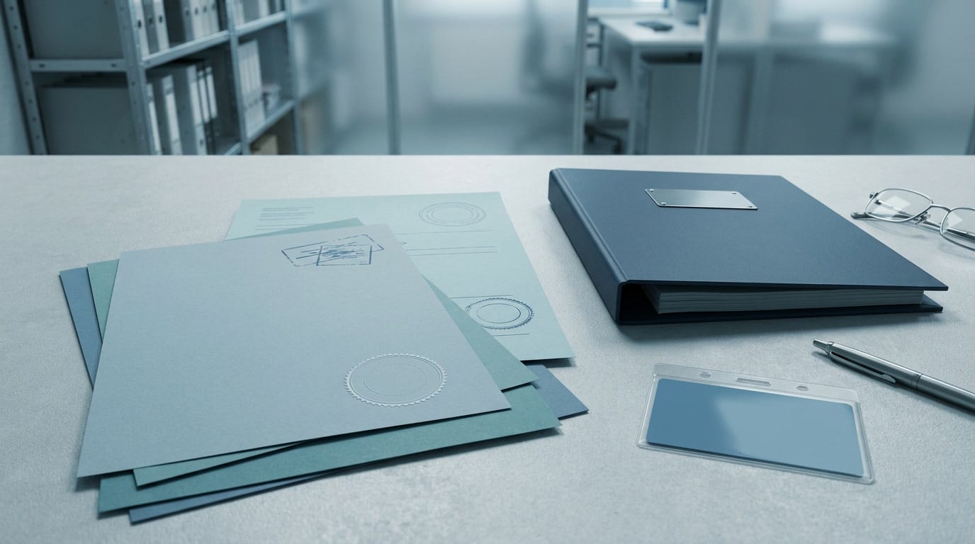 shelter-model-mexico-key-advantages-manufacturers-2 Permit documents, a binder and an ID badge on a desk, representing the legal and administrative structure a shelter operator manages.