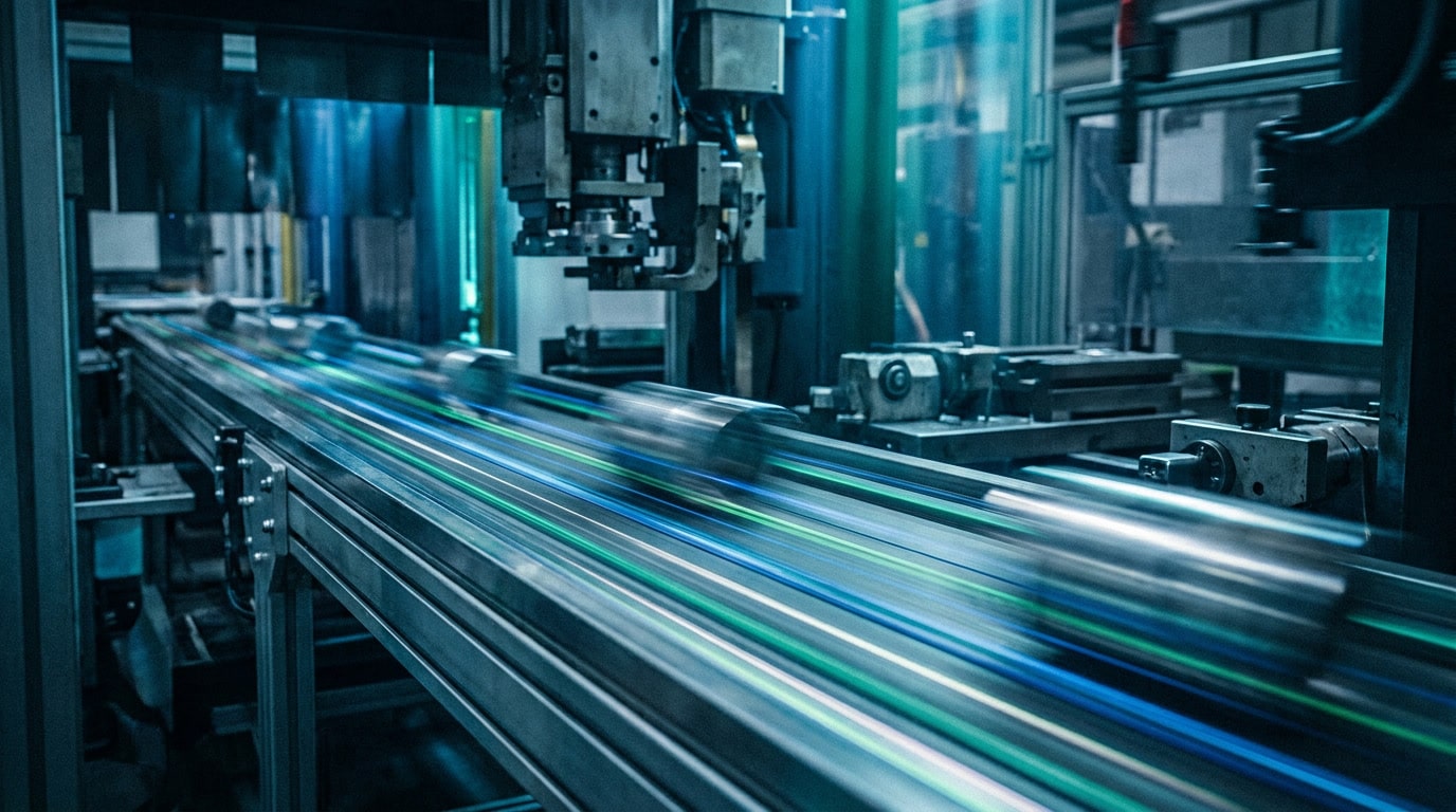 shelter-model-mexico-key-advantages-manufacturers-3 An automated conveyor moving parts with motion blur, representing speed to production under the shelter model.
