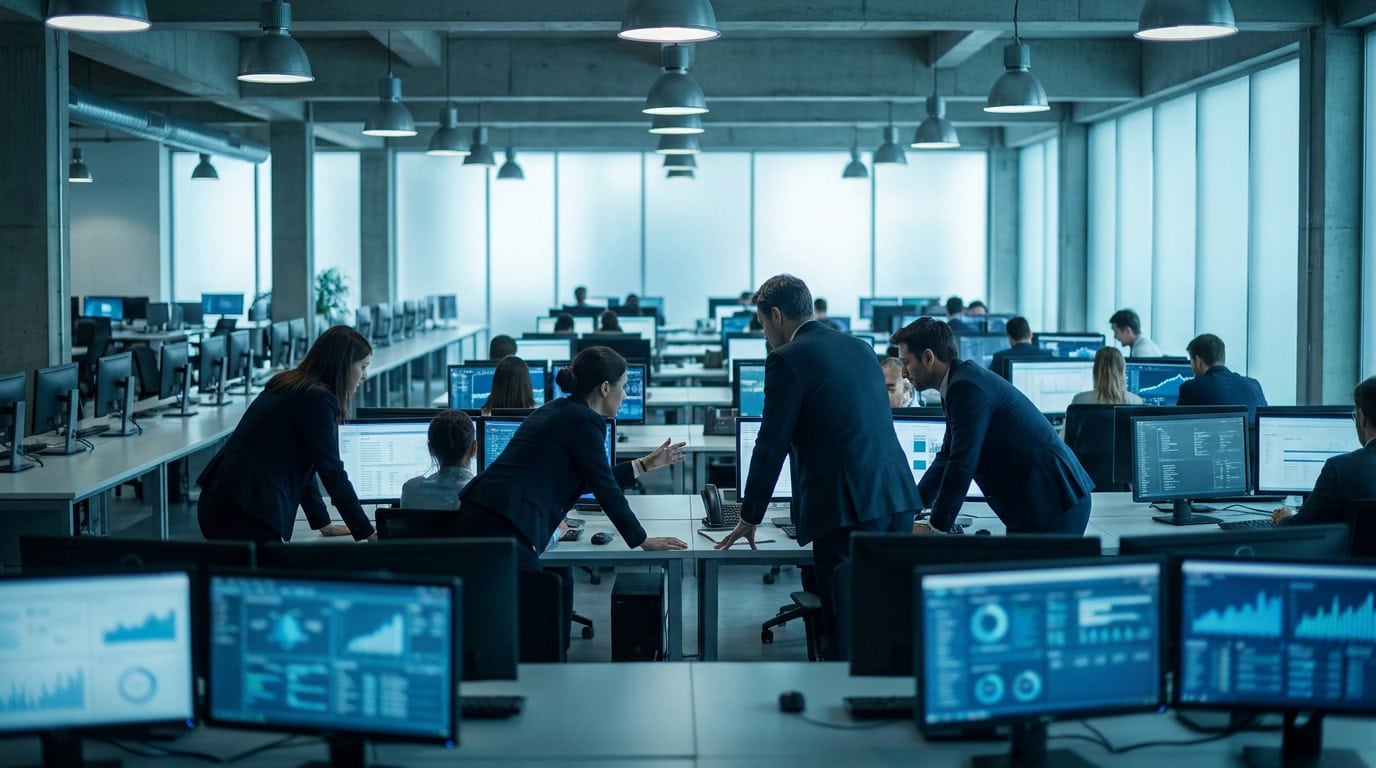 shelter-model-mexico-key-advantages-manufacturers-4 A shared operations office with dashboards and staff, representing the shared compliance and administrative services that reduce costs.