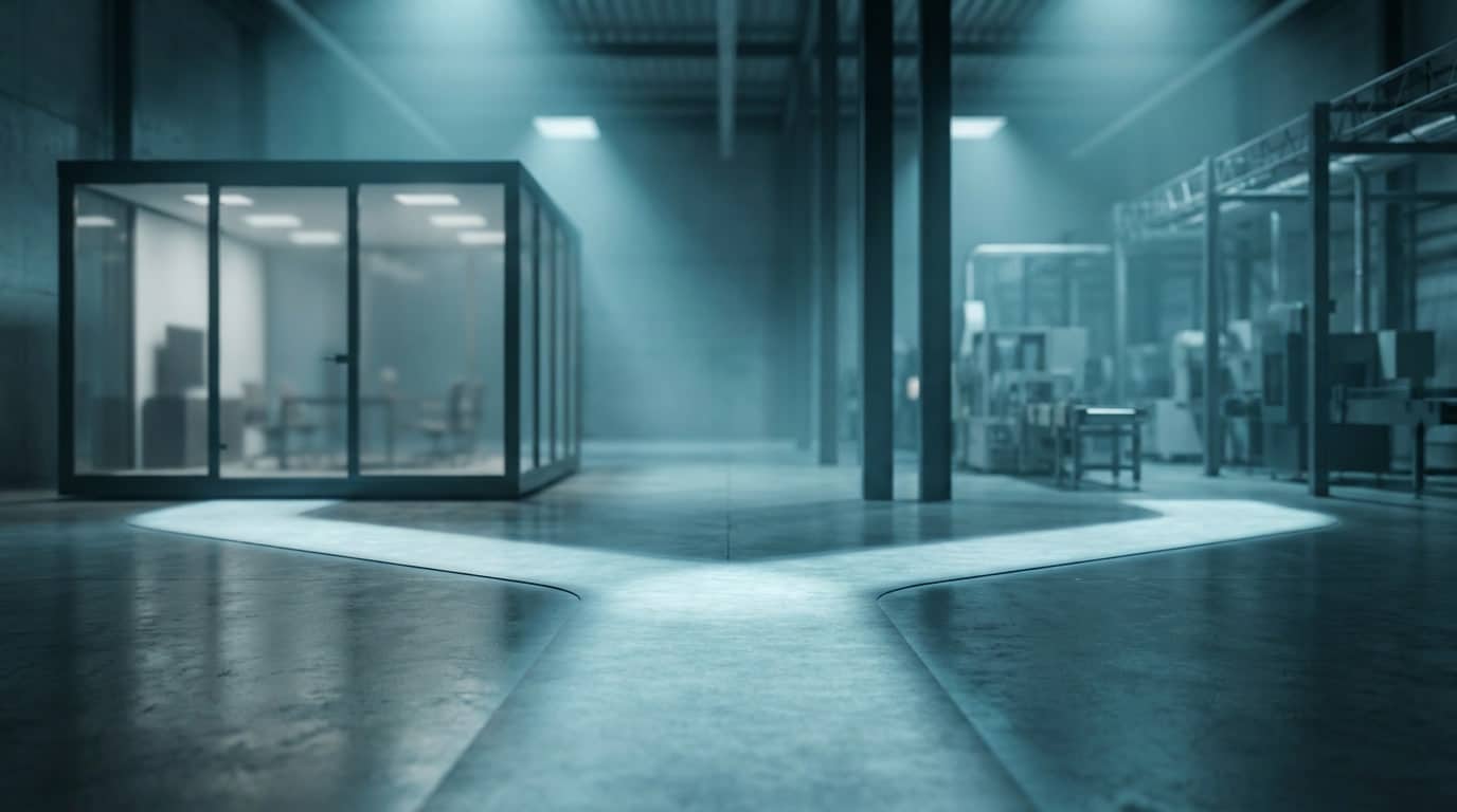shelter-model-mexico-key-advantages-manufacturers-7 An interior pathway splitting toward a modular office and a larger production hall, representing the decision of when to transition from a shelter to a wholly owned entity.