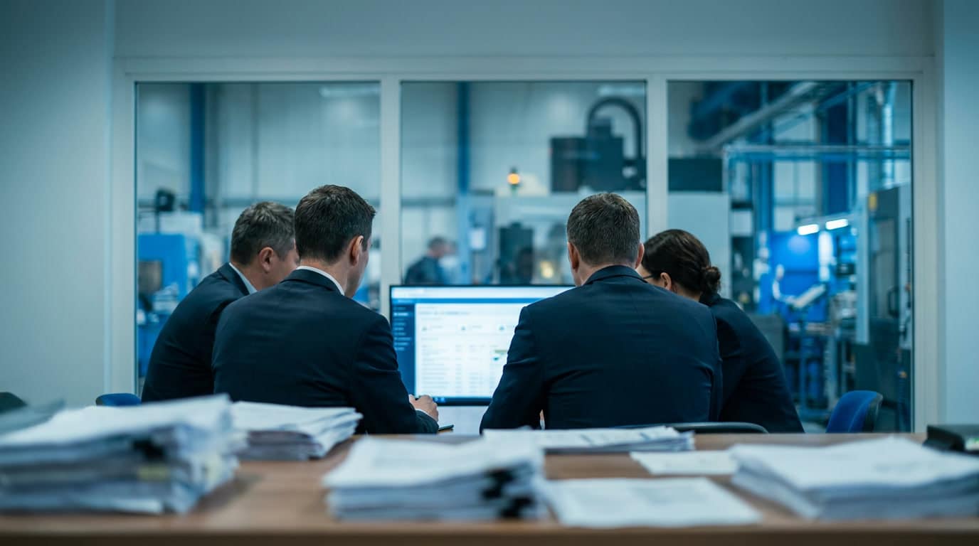 shelter-model-mexico-key-advantages-manufacturers-8 Professionals reviewing a report with the production floor visible through a glass wall, representing the decision framework for choosing a shelter model.