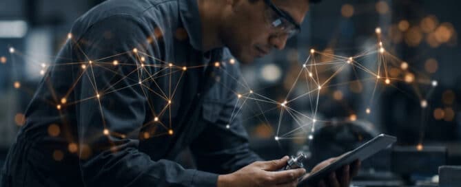 A manufacturing engineer at a workstation examining a precision component, fused with an abstract network of connected nodes representing the strategic comparison of regional manufacturing options in Mexico.