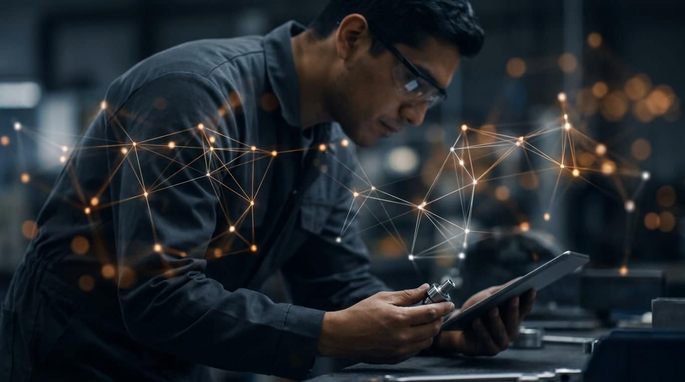 A manufacturing engineer at a workstation examining a precision component, fused with an abstract network of connected nodes representing the strategic comparison of regional manufacturing options in Mexico.