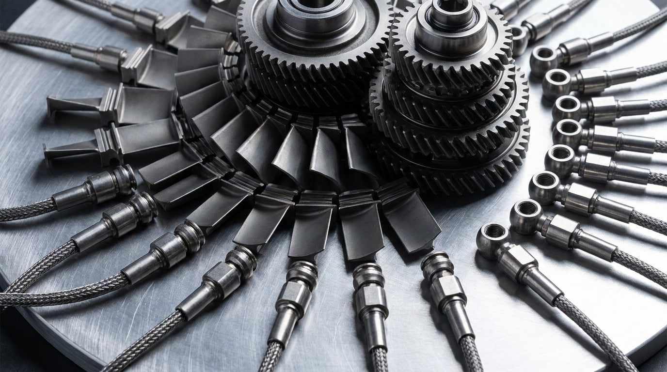 site-selection-mexico-criteria-manufacturers-compare-04 Macro arrangement of precision aerospace and automotive components on a brushed aluminum surface, representing the depth of Mexico's regional industrial clusters.