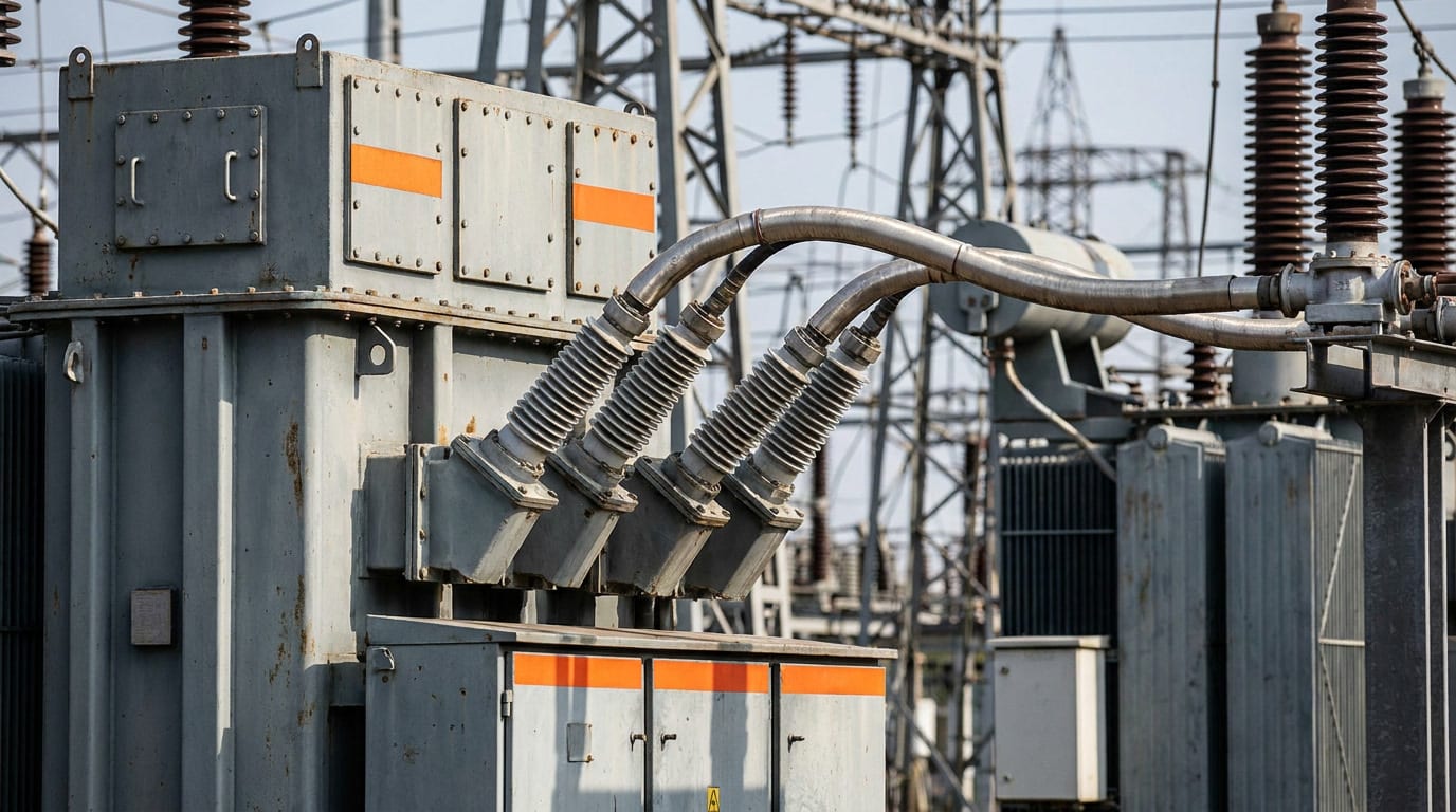 site-selection-mexico-criteria-manufacturers-compare-05 Industrial electrical transformer bank at a manufacturing facility, representing the infrastructure and energy capacity considerations critical to site selection in Mexico.