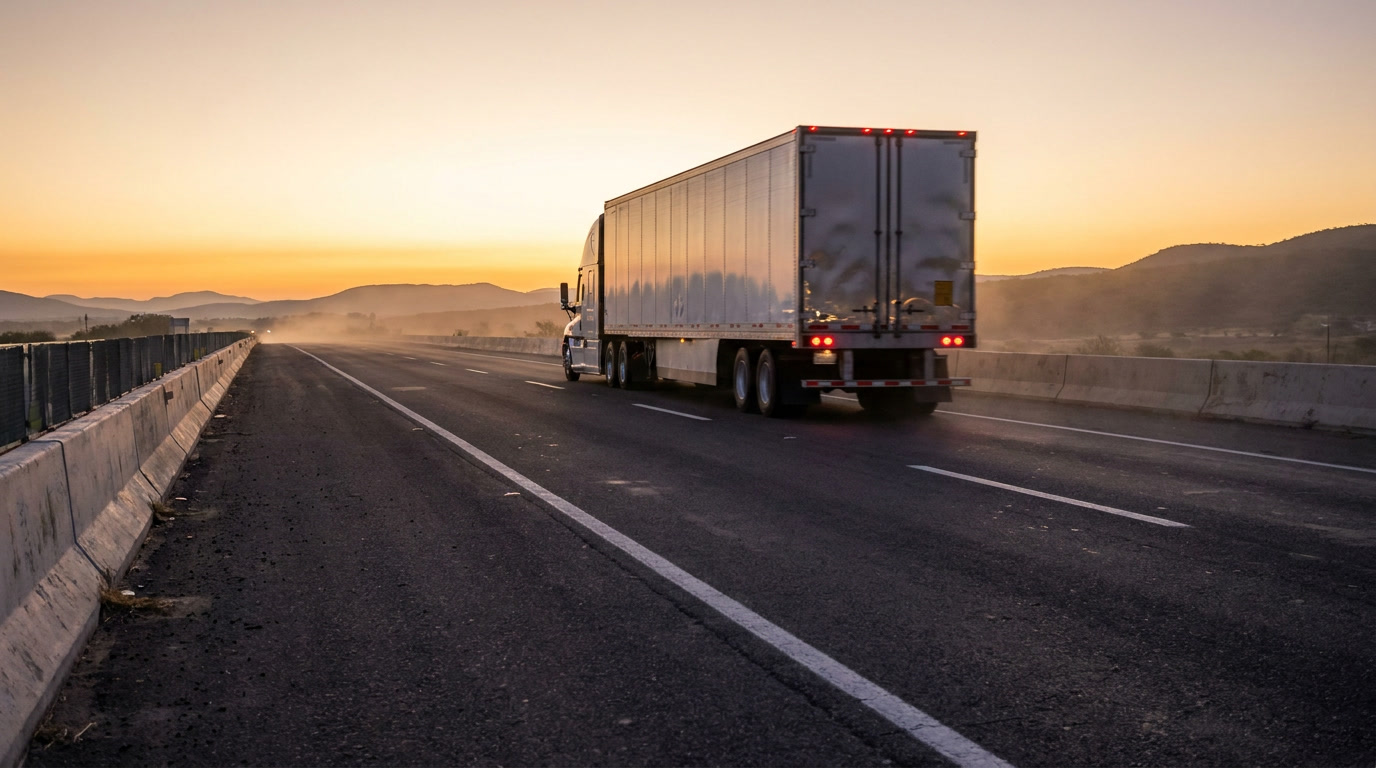 site-selection-mexico-criteria-manufacturers-compare-06 Long-haul semi-truck on a Mexican federal highway at dawn, representing the logistics and border connectivity that differentiates industrial regions for time-to-market analysis.