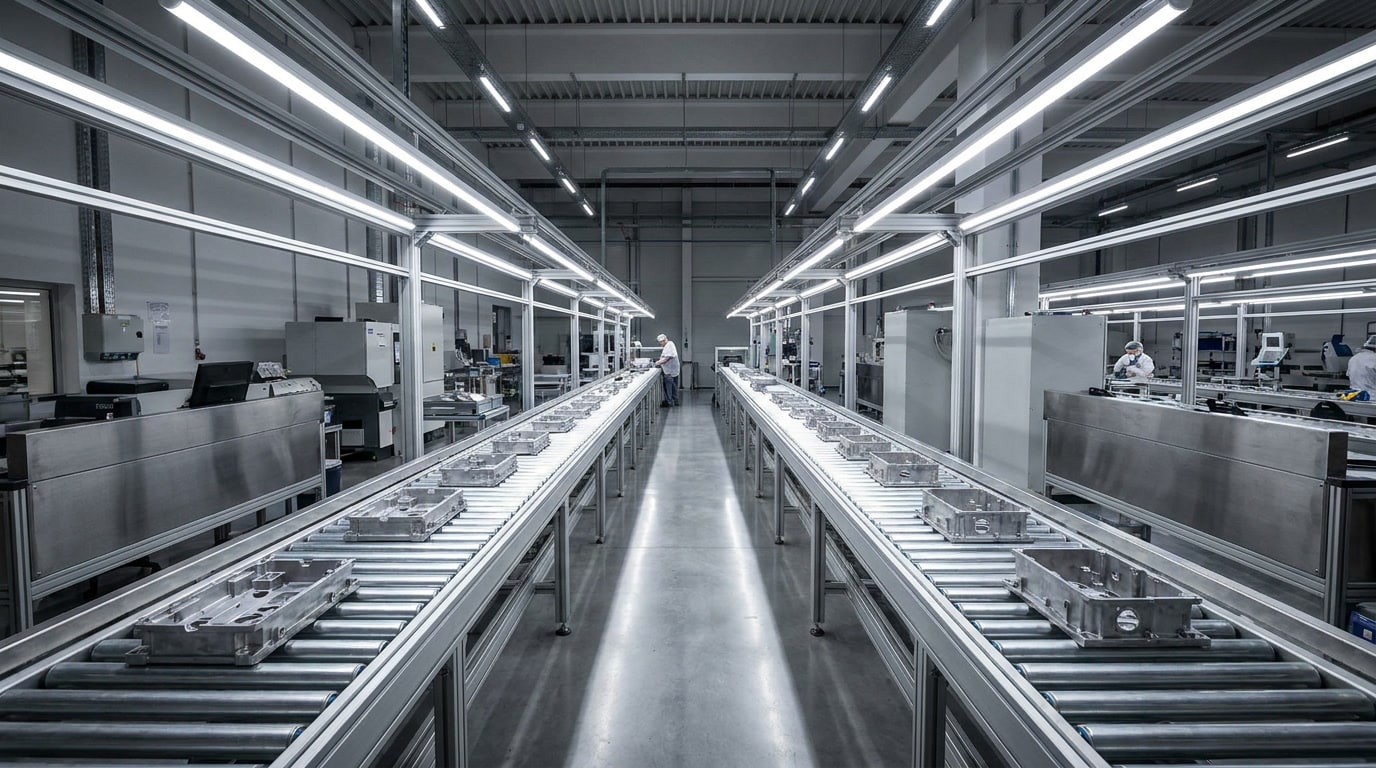 site-selection-mexico-criteria-manufacturers-compare-07 Two parallel assembly line conveyors in a manufacturing facility, representing the structural choice between a shelter framework and a standalone operating model in Mexico.