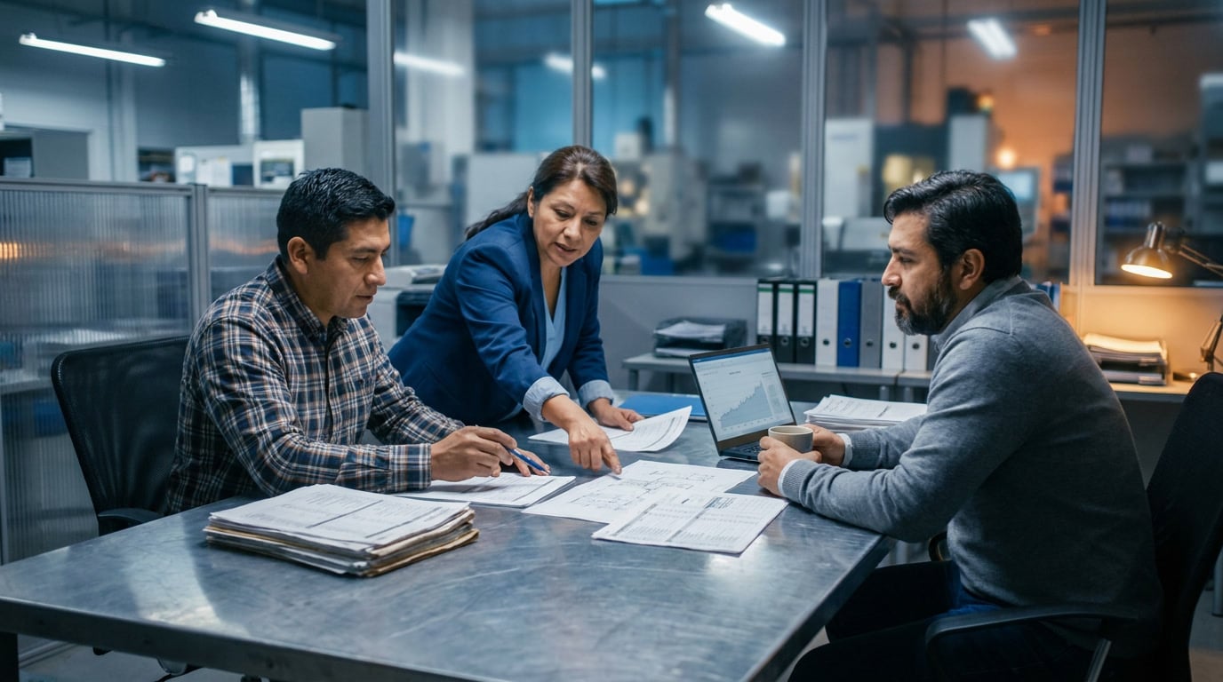 Latin American manufacturing team reviewing site-selection frameworks and checklists at a conference table before scheduling site visits.