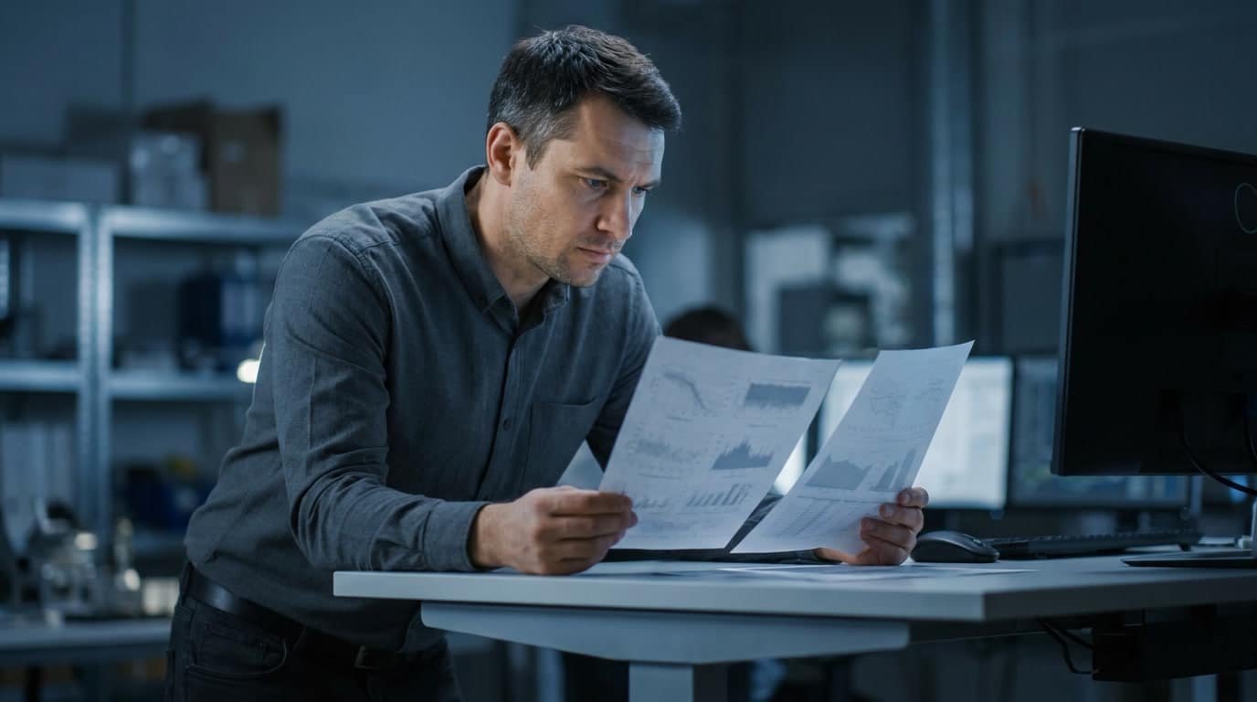 Engineer comparing two printed data sheets at a standing desk in an industrial office, representing structured market preparation over reactive comparison.
