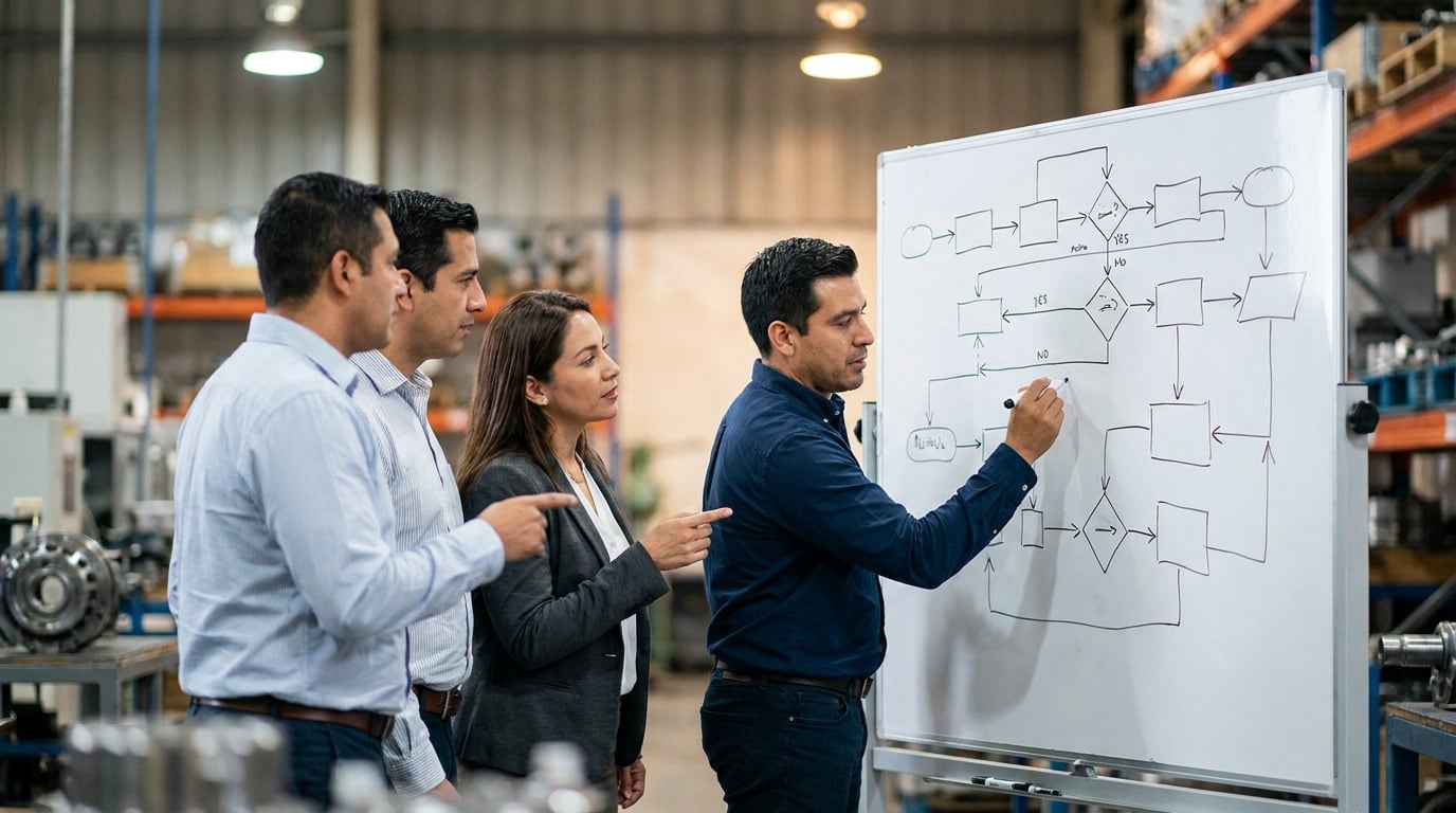 Latin American manufacturing team in a whiteboard session mapping process flows and decision criteria before evaluating any site.