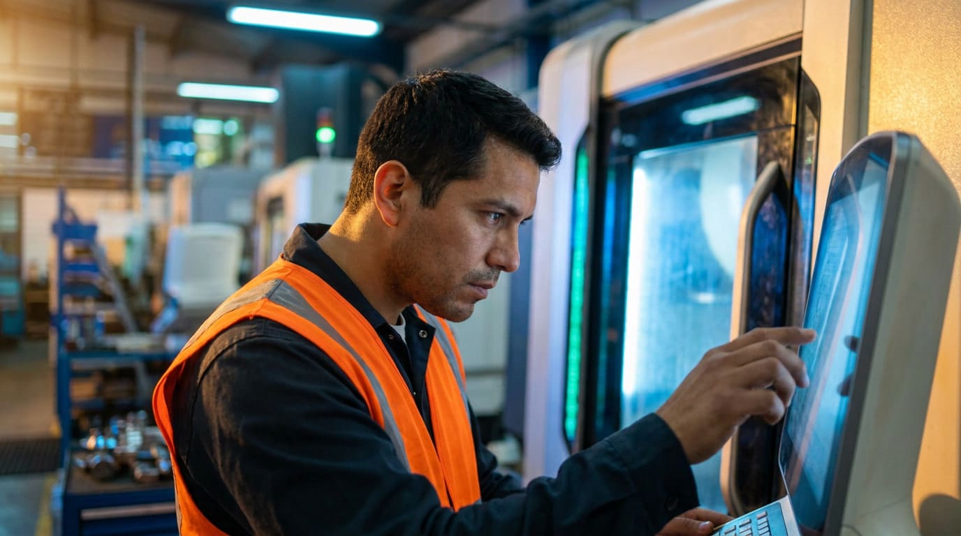 Latin American technician operating a CNC machining center on an active production floor, representing the skilled workforce behind Mexico's manufacturing numbers.