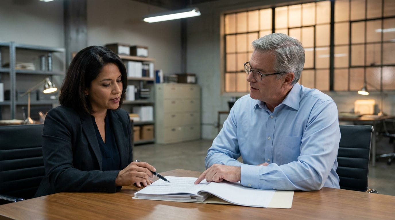 Compliance officer and manufacturer representative reviewing operating model documents at a desk, representing the shelter versus standalone decision.