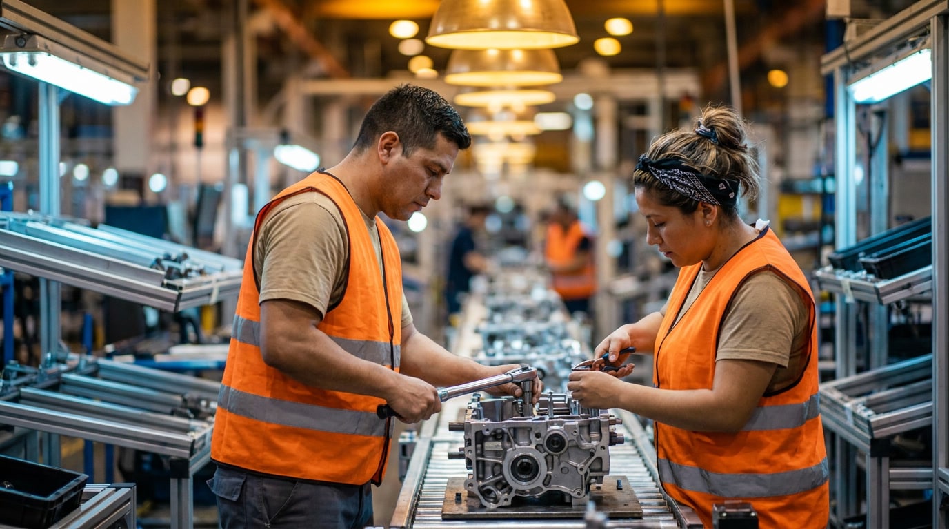 Latin American assembly workers performing automotive component assembly on an active production line, representing Midwest-Mexico integrated manufacturing.