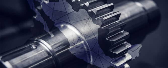 Double-exposure of a precision-machined metal component overlaid with the stylized silhouette of Mexico, representing cross-border manufacturing strategy.