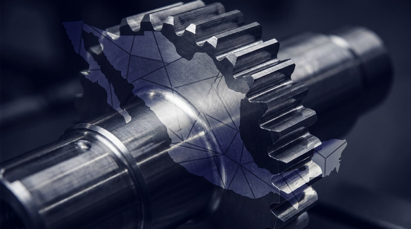 Double-exposure of a precision-machined metal component overlaid with the stylized silhouette of Mexico, representing cross-border manufacturing strategy.