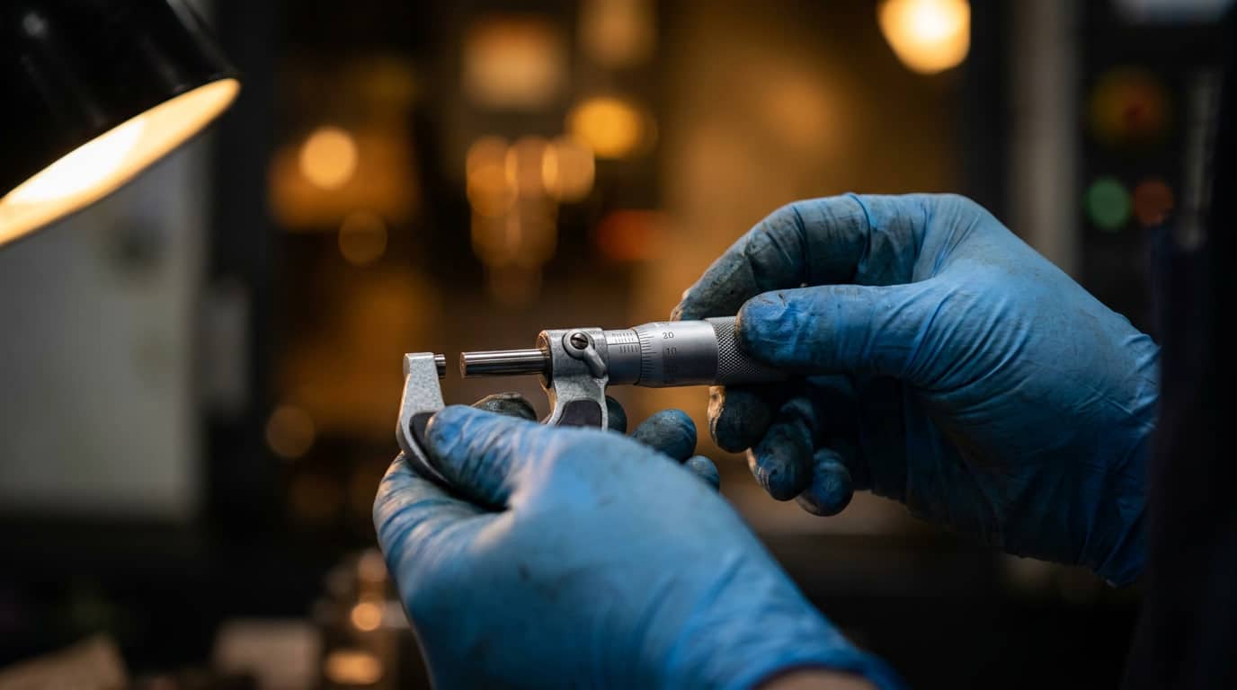 what-to-compare-before-expanding-to-mexico-02 Close-up of gloved hands operating a precision micrometer on a manufacturing floor, representing skilled labor depth in Mexico.