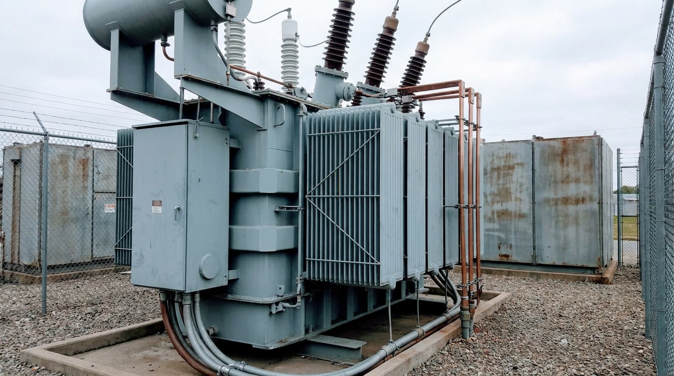 what-to-compare-before-expanding-to-mexico-04 Industrial electrical transformer at a manufacturing park substation representing energy infrastructure capacity in Mexico.
