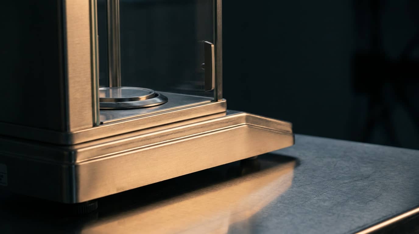 what-to-compare-before-expanding-to-mexico-07 Precision analytical balance on a stainless steel surface representing the total landed cost calculation for Mexico manufacturing expansion.